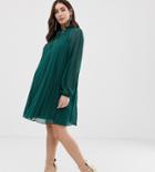 Asos Design Maternity Pleated Trapeze Mini Dress With Tie Neck-green