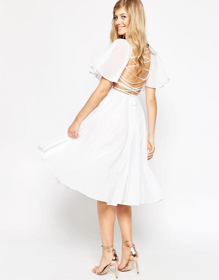 Asos Lace Up Back Caftan Sleeve Midi Dress - Ivory