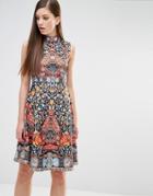 Comino Couture Skater Dress In Folk Print And Embellishment - Multi