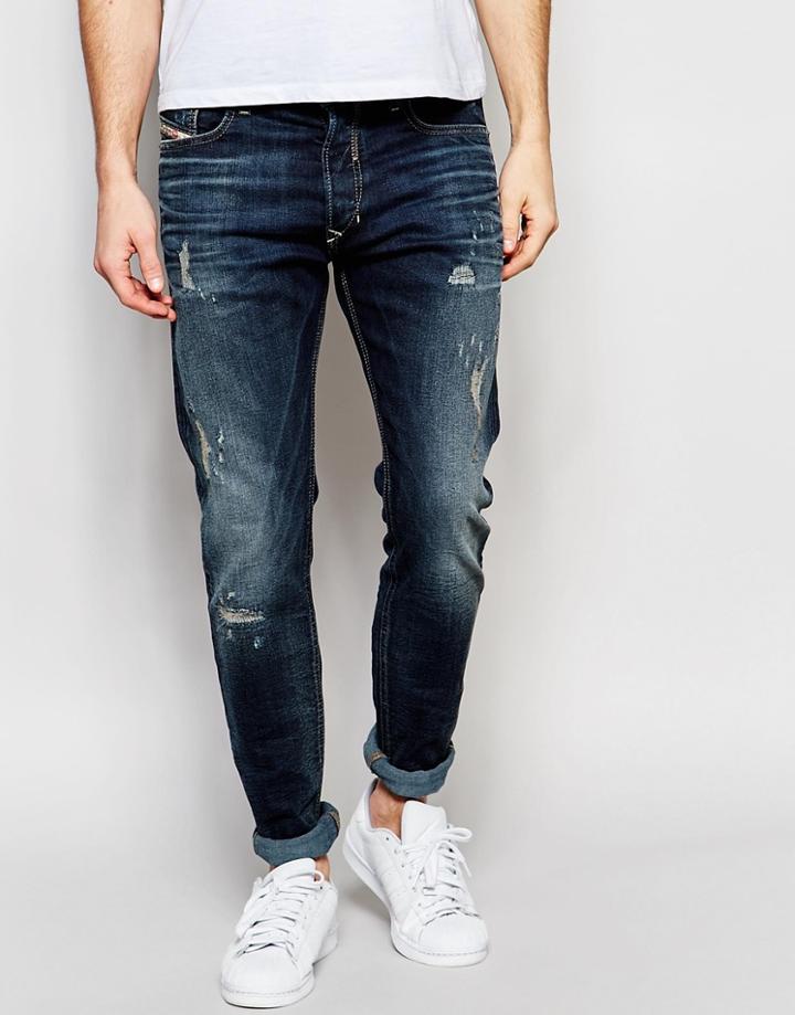 Diesel Jeans Tepphar 852g Skinny Fit Stretch Distress Repair Dark Blue Wash - Dark Blue