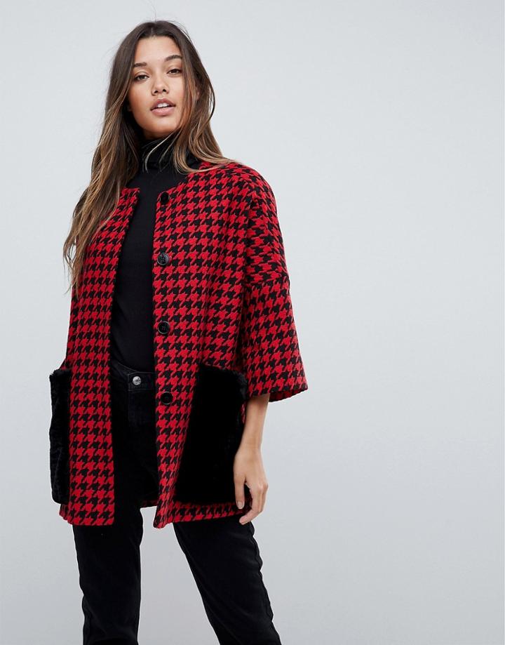 Helene Berman Faux Fur Houndstooth Pockets Kimono Coat - Red