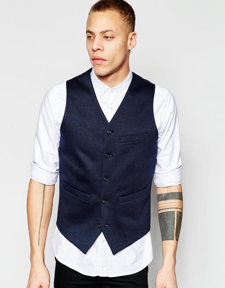 Asos Slim Waistcoat In Jersey In Navy - Navy