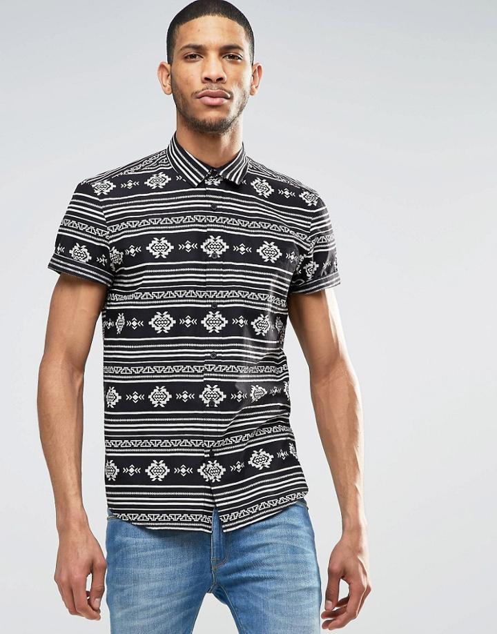 Asos Aztec Print Shirt In Short Sleeve In Regular Fit - Black