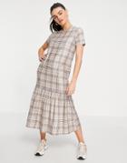 Urban Threads Tiered Midi Smock Dress In Neutral Check