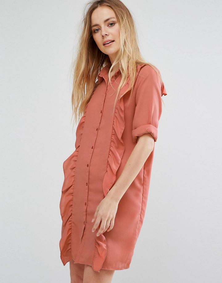 Vila Ruffle Front Shirt Dress - Pink