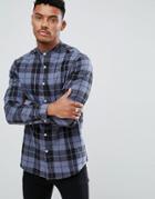 Asos Stretch Slim Poplin Check Shirt With Grandad Collar In Blue - Blue