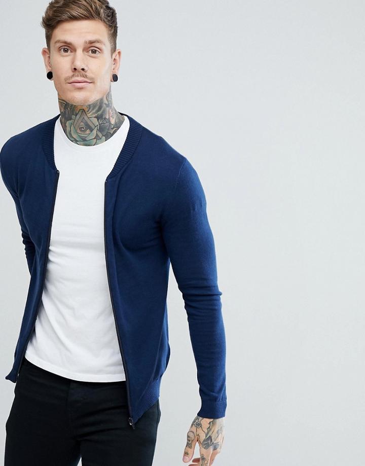 Asos Knitted Bomber In Navy - Navy