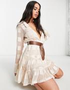 Asos Design Collar Mini Dress In Textured Square With Belt-neutral
