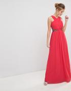 Little Mistress Chiffon Maxi Dress And Embellished Jewel Waist - Red