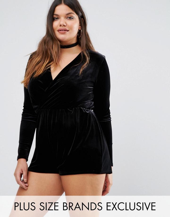 Missguided Plus Wrap Front Velvet Romper - Black