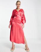 Hope & Ivy Milly Satin Batwing Midi Dress In Coral-pink
