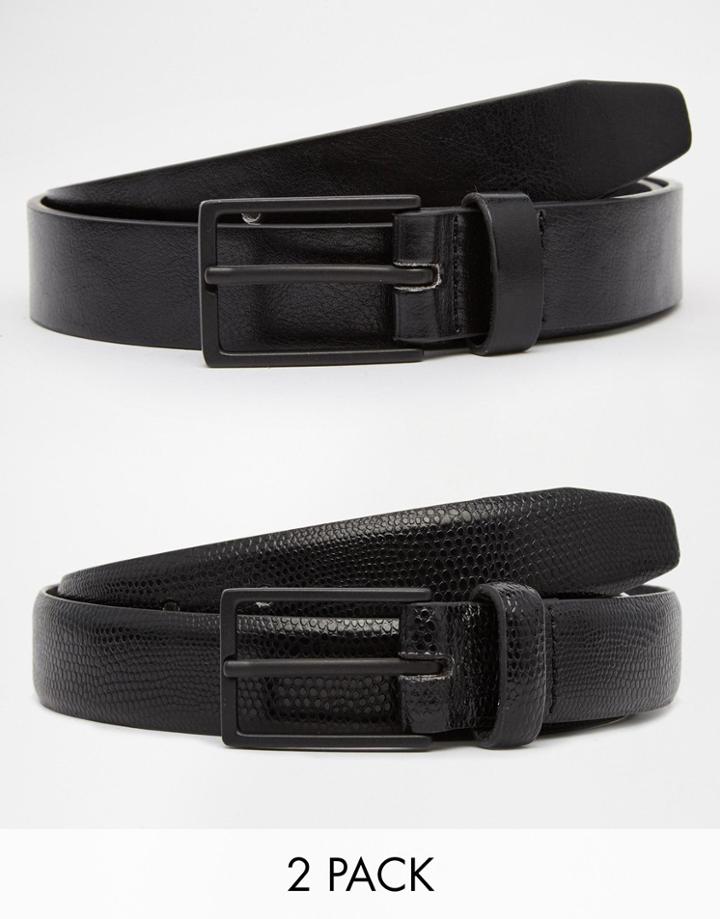 Asos Smart Belt In Faux Leather And Snakeskin 2 Pack Save 20% - Black