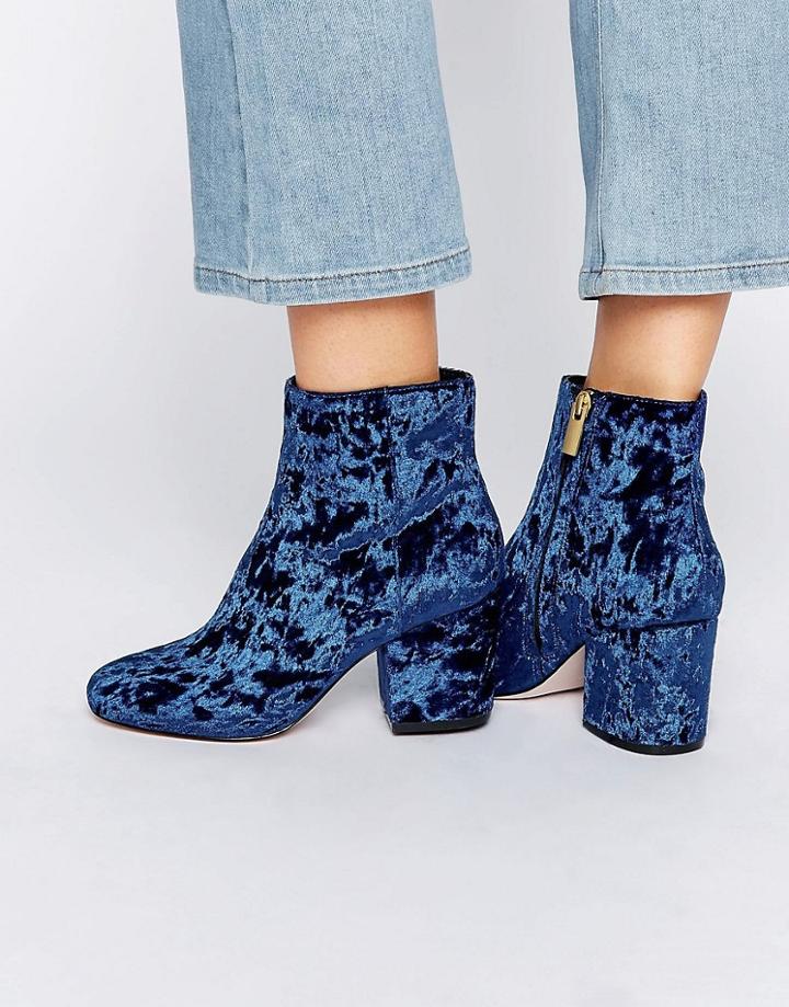 Asos Rachelle Velvet Heeled Ankle Boots - Navy