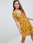 Brave Soul Belle Floral Print Wrap Dress - Yellow