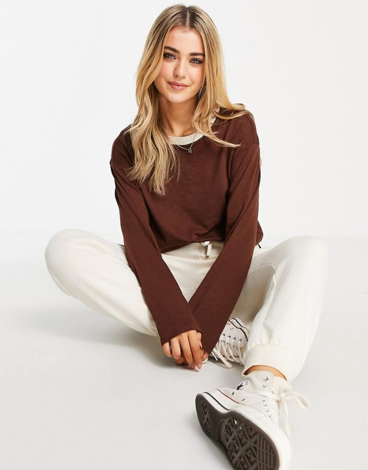 Monki Sara Long Sleeve Top In Brown-multi