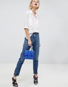 Asos Design Farleigh High Waist Slim Mom Jeans In Veda Texured Stripe - Blue