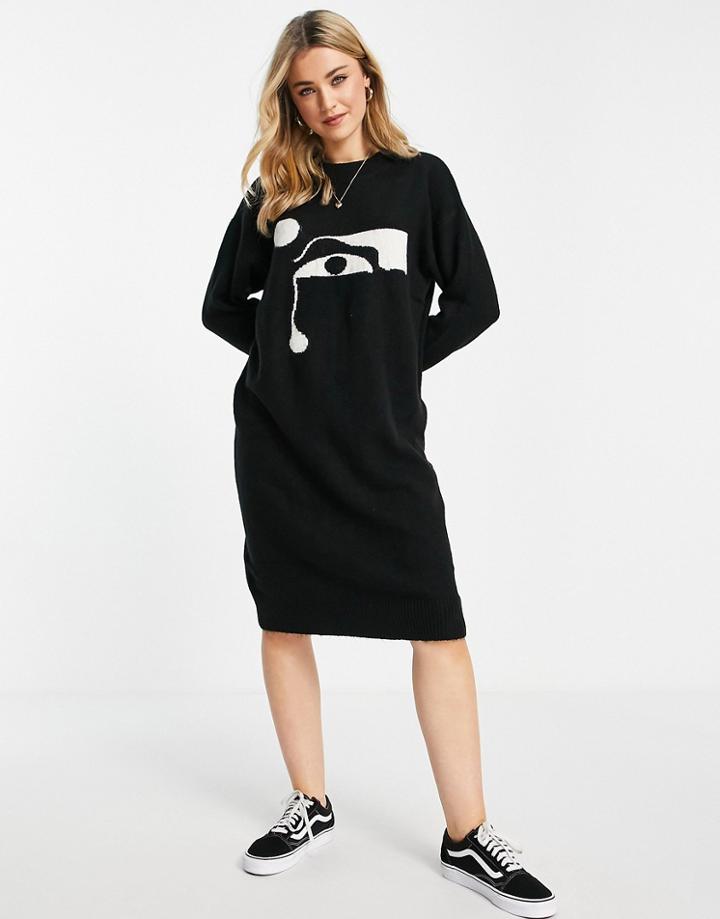 Monki Recycled Polyester Printed Knit Midi Dress In Black