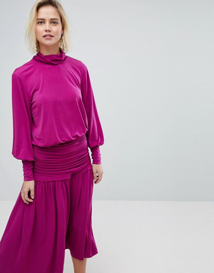 Warehouse Blouson Sleeve Turtleneck Top - Purple