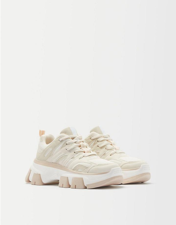 Bershka Sporty Chunky Sneakers In Beige-neutral
