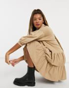 Asos Design Mini Tiered Shirt Dress In Camel-neutral