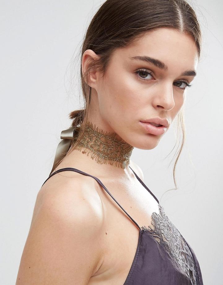 Johnny Loves Rosie Khaki Lace Tie Up Choker - Green
