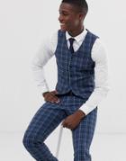 Asos Design Wedding Slim Suit Vest In Tonal Blue Wool Mix Check