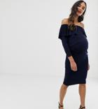 Bluebelle Maternity Bardot Dress With Frill In Navy