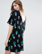 Asos T-shirt Dress With V Back In Cactus Print - Black