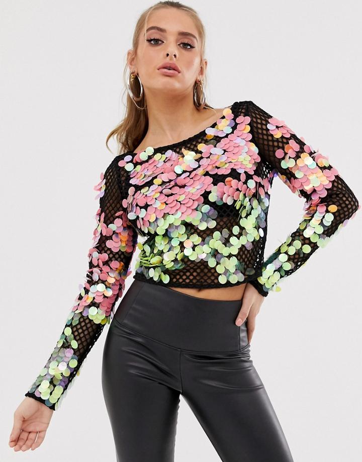 Asos Design Fishnet Top With Bright Disc Sequin - Multi