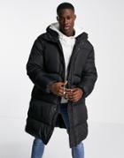 Topman Recycled Longline Puffer Jacket With Hood In Black