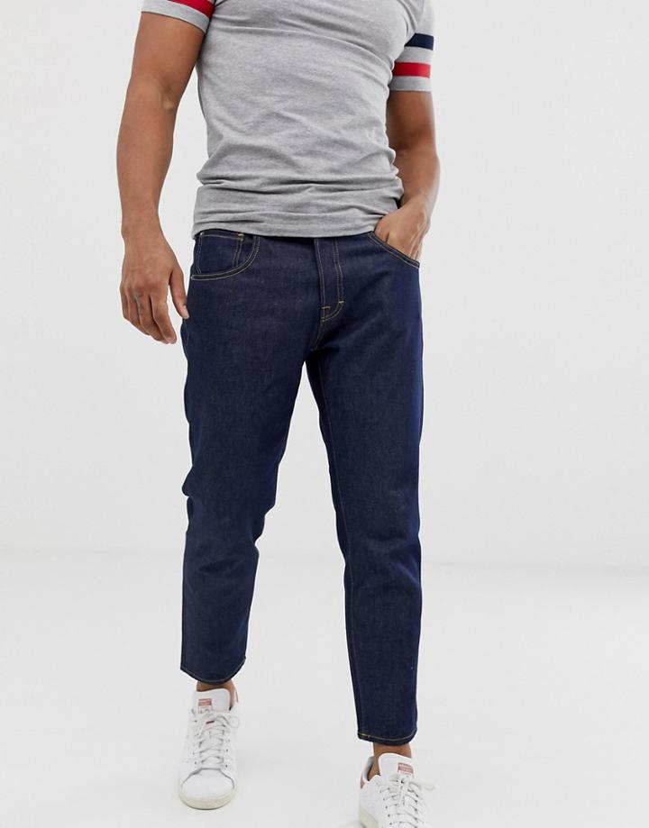 Jack & Jones Dark Wash Jeans In Tapered Cropped-blue