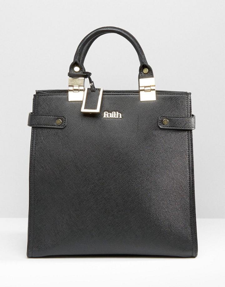 Faith Metal Hinge Structured Tote Bag - Black