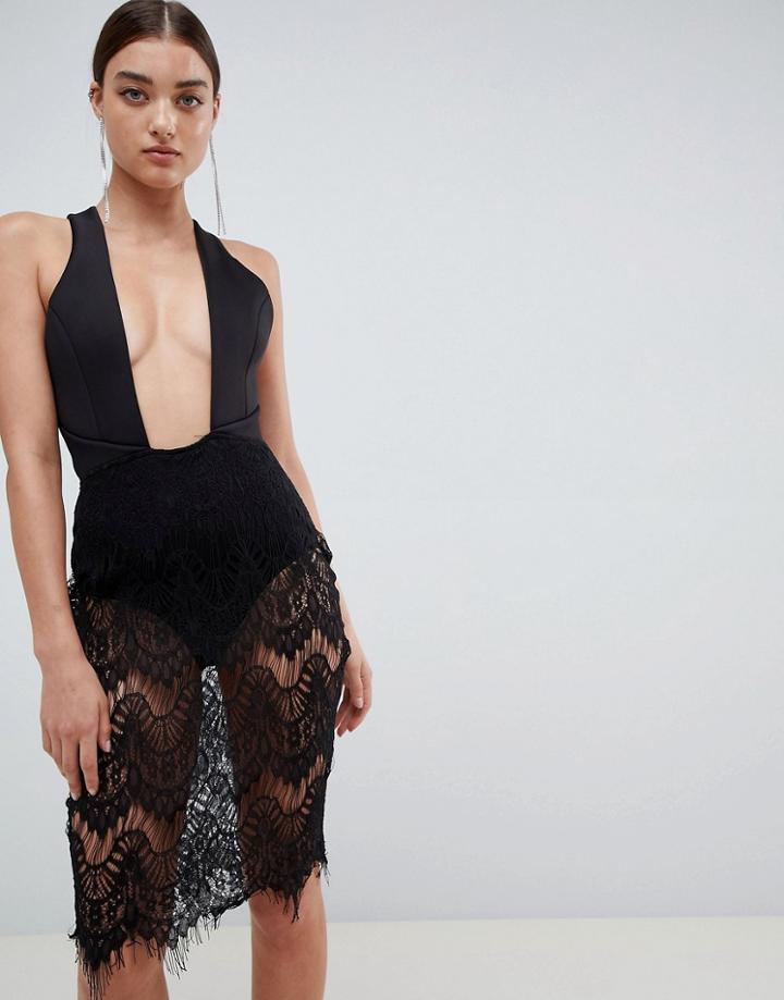Rare London Wrap Front Backless Lace Mini Dress - Black