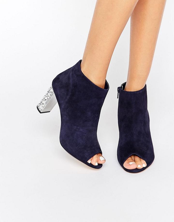 Dune Daniela Jewel Heel Suede Peep Toe Shoe Boot - Navy Suede