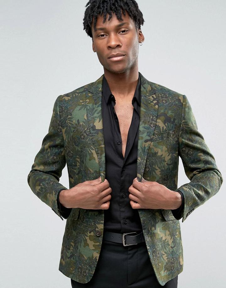 Devils Advocate 70's Floral Camo Print Blazer - Green