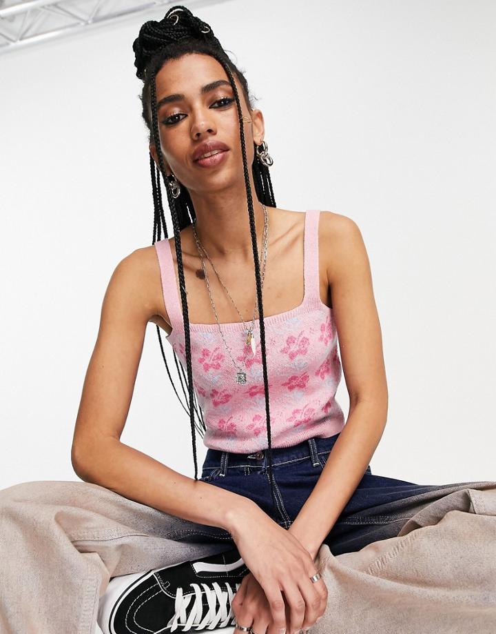 Only Cropped Knitted Cami Top In Pink 90s Floral
