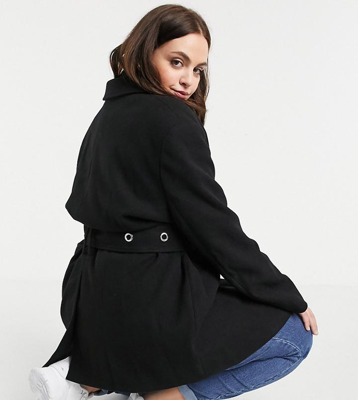 Asos Design Curve Eyelet Belt Grandpa Coat In Black