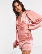 Pretty Lavish Wrap Around Satin Mini Dress With Tie Waist In Soft Rust-red