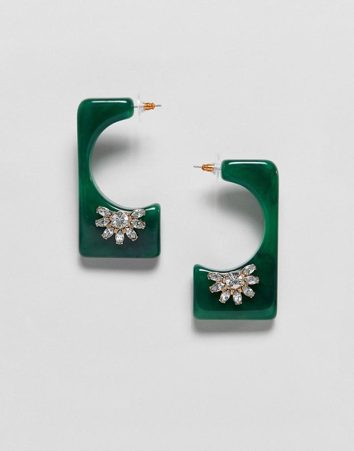 Asos Design Earrings In Square Resin Design With Crystal Detail - Green