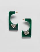 Asos Design Earrings In Square Resin Design With Crystal Detail - Green