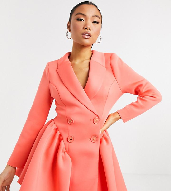 Asos Design Petite Exclusive Mini Tux Dress With Ruched Side Pep In Bright Coral-pink