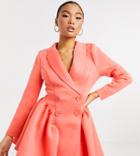 Asos Design Petite Exclusive Mini Tux Dress With Ruched Side Pep In Bright Coral-pink