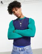 Asos Design Cropped Long Sleeve T-shirt In Navy And Green Color Block With New York City Print - Navy