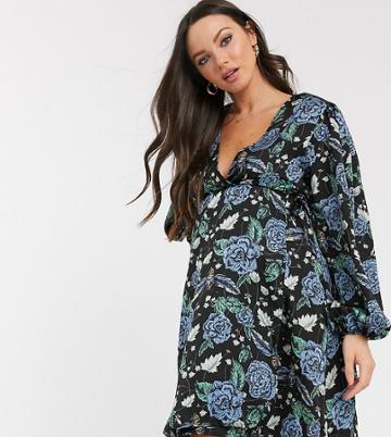 Glamorous Bloom Volume Sleeve Wrap Dress In Bold Floral-black