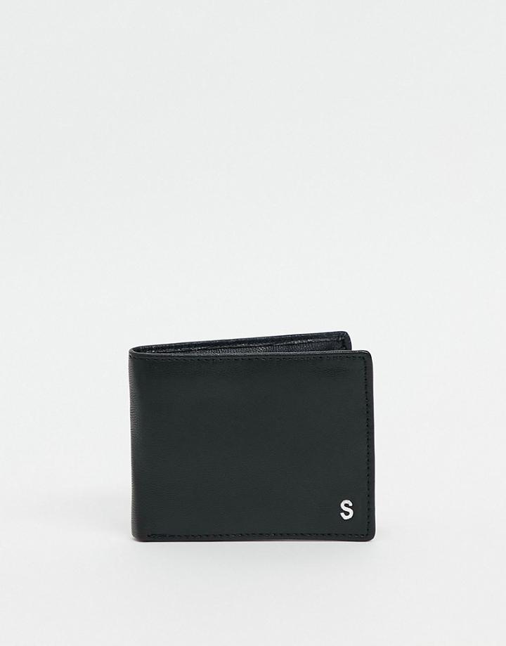 Asos Design Personalised Leather Wallet In Black With Silver S Inital