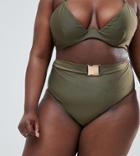 Wolf & Whistle Curve High Waist Bikini Bottom With Belt In Khaki-green