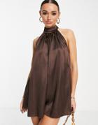 Asos Design Satin Halter Neck Romper In Chocolate-brown
