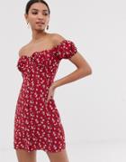 Fashion Union Bardot Mini Dress With Ruched Bust In Floral-red