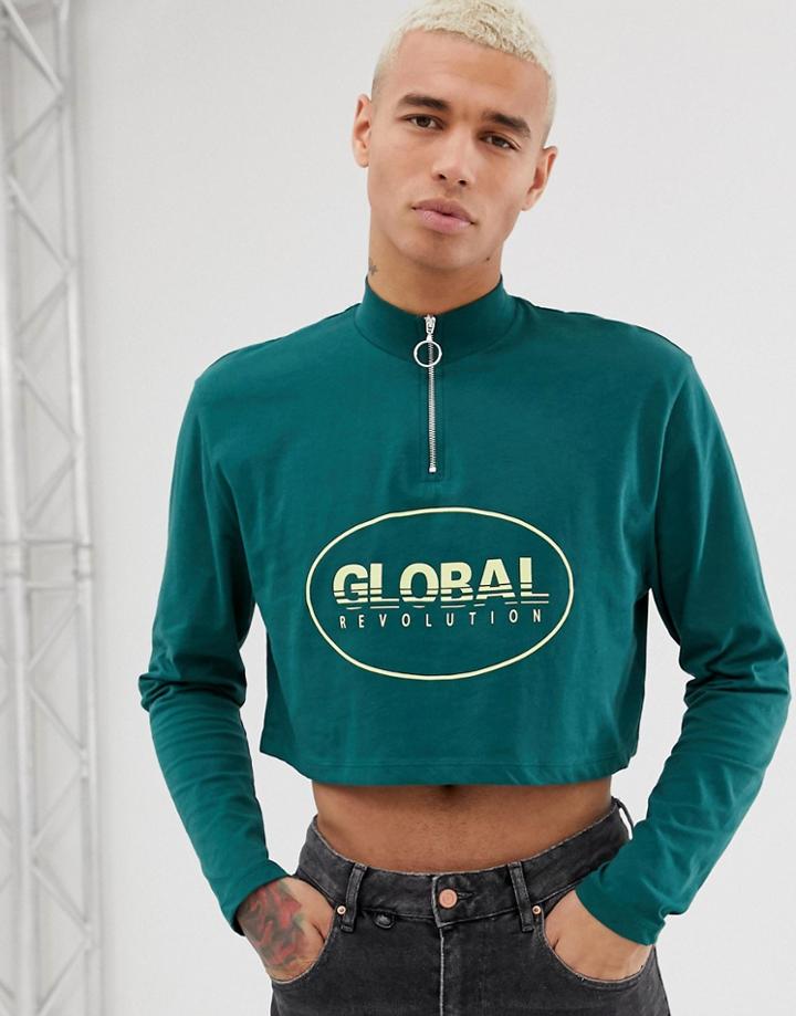 Asos Design Relaxed Long Sleeve Cropped Turtleneck Zip T-shirt With Chest Print - Green