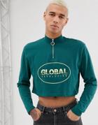 Asos Design Relaxed Long Sleeve Cropped Turtleneck Zip T-shirt With Chest Print - Green